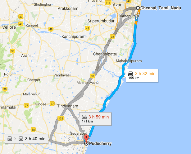 distance between chennai to pondicherry