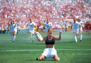 Brandi Chastain celebrated her goal in style by taking off her Jersey