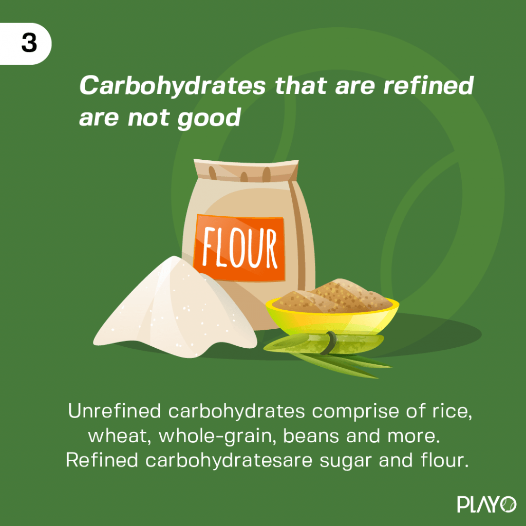 Unrefined carbohydrates comprise of rice, wheat, whole-grain, beans and more. Refined carbohydrates are sugar and flour.