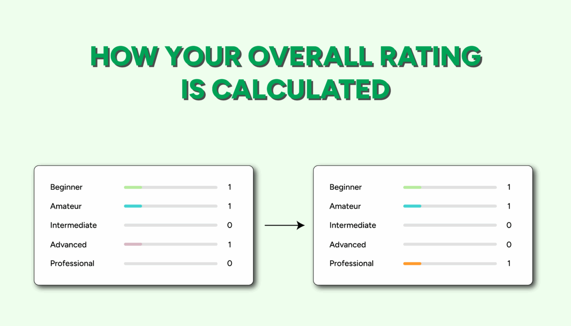 Illustration showing how a user’s overall Playo rating is calculated based on their distribution across different skill levels - Beginner, Amateur, Intermediate, Advanced, and Professional.
