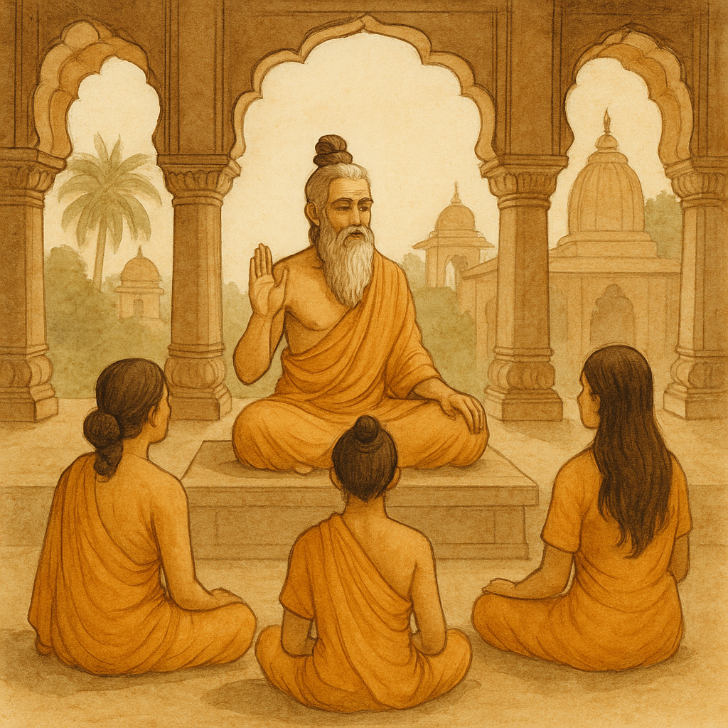 Indian ashram or temple scene with a guru teaching students.