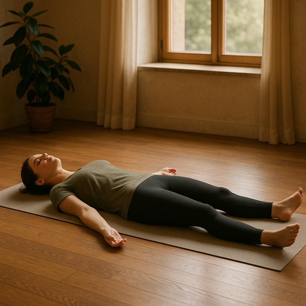 Person in Shavasana (Corpse Pose) in a serene indoor space.