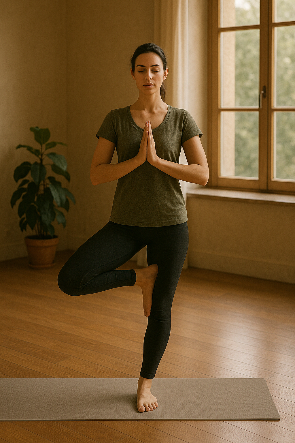 Woman standing in Vrikshasana (Tree Pose).