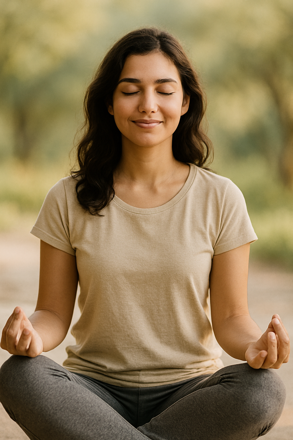 image of someone meditating with a soft smile — peaceful and present.
