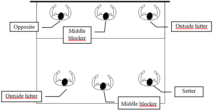 Top-view diagram of a volleyball court showing 6 player positions