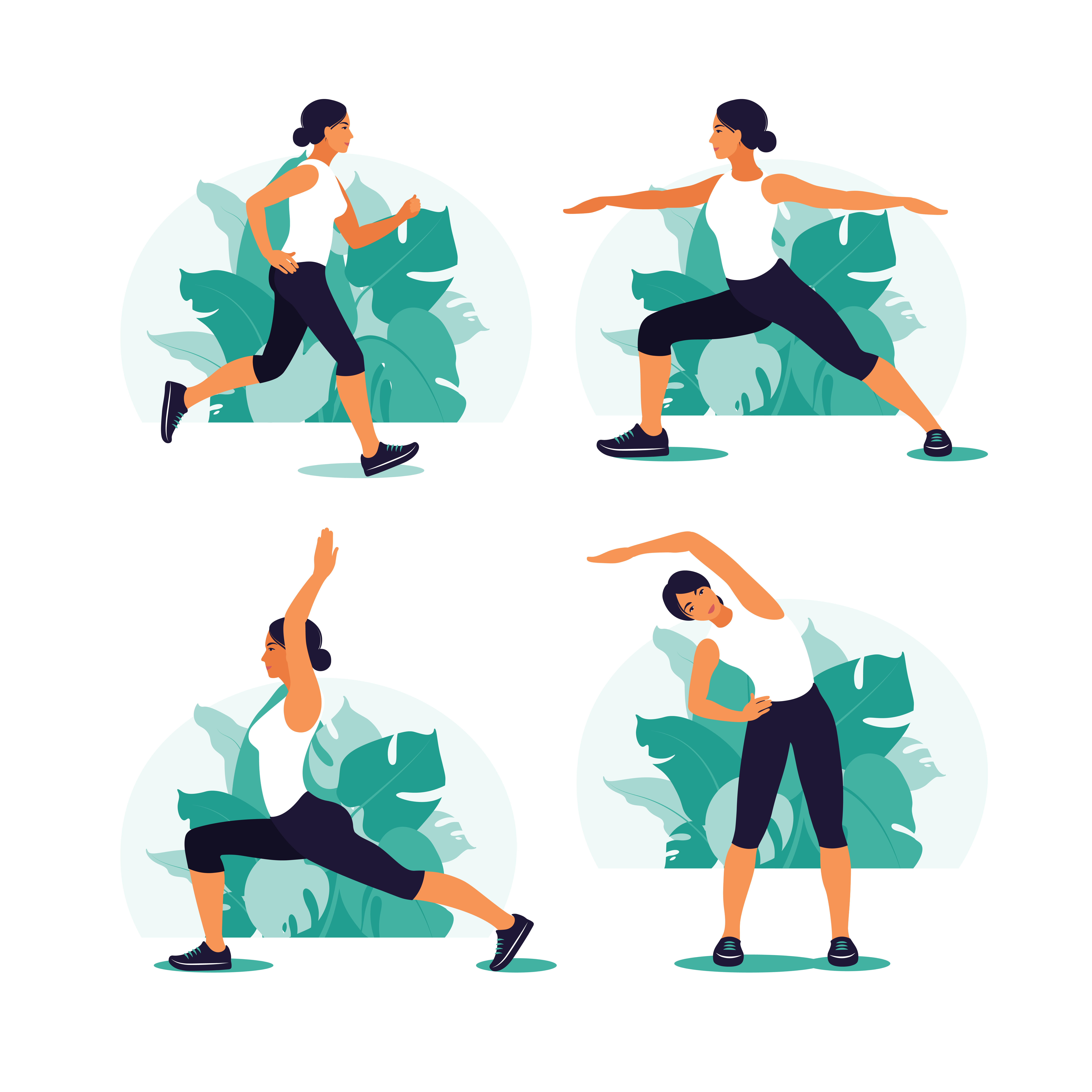 A woman is exercising in the park. Outdoor sports. Healthy lifestyle and fitness concept. Vector illustration in flat style.