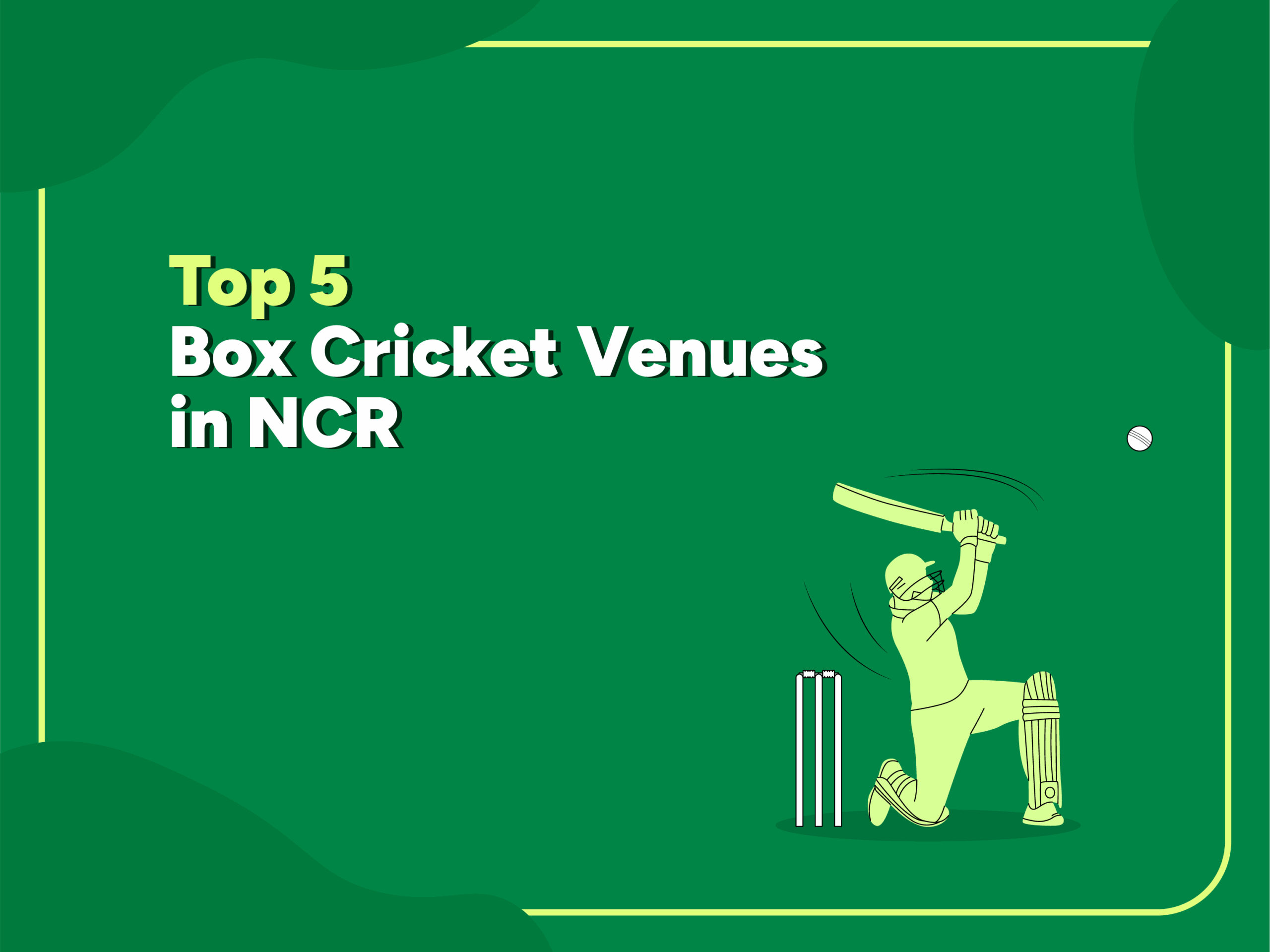 Illustration of a cricketer hitting a ball with the text “Top 5 Box Cricket Venues in NCR” on a green background with yellow borders.
